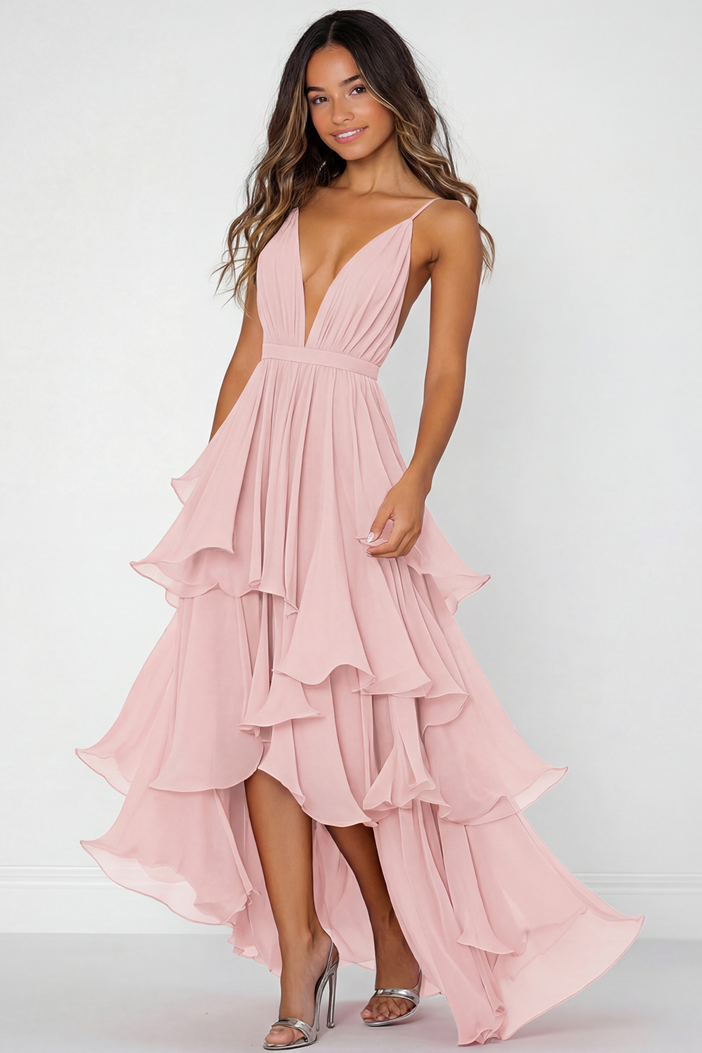 Long Asymmetrical Ruffles ZAPAKASA Women Red Tiered Long Formal Dress with Ruffles Chiffon Deep V ...