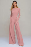 Black Round Neck Satin Long Sleeves Formal Jumpsuits