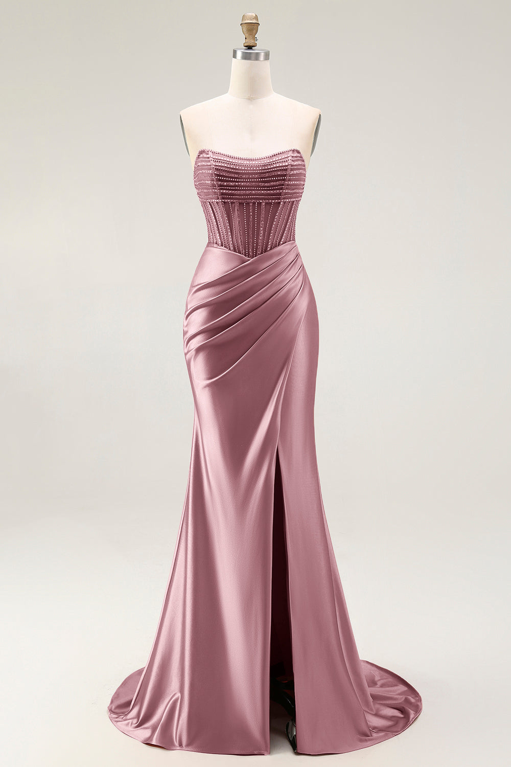 Sparkly Blush Mermaid Strapless Satin Long Prom Dress with Slit