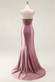 Sparkly Blush Mermaid Strapless Satin Long Prom Dress with Slit