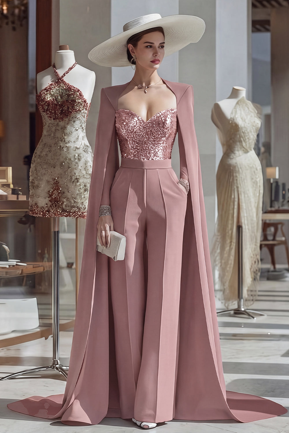 Cabernet Sparkly Long Sleeves Mother of the Bride Jumpsuits with Pockets