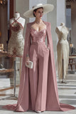 Cabernet Sparkly Long Sleeves Mother of the Bride Jumpsuits with Pockets
