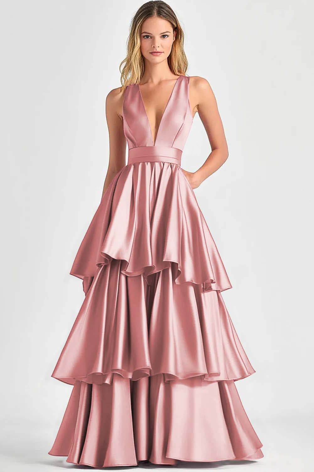 Dusty Sage A-Line V-Neck Sleeveless Long Tiered Prom Dress