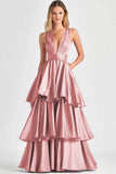Dusty Sage A-Line V-Neck Sleeveless Long Tiered Prom Dress
