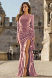 Caramel Velvet Ruffled Mermaid Long Sleeves Holiday Party Dress with Slit