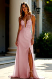 Dusty Rose Elegant Appliqued Long Sheath Prom Dress with Slit