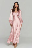 Champagne V-Neck Satin Backless Long Sleeves Evening Dress