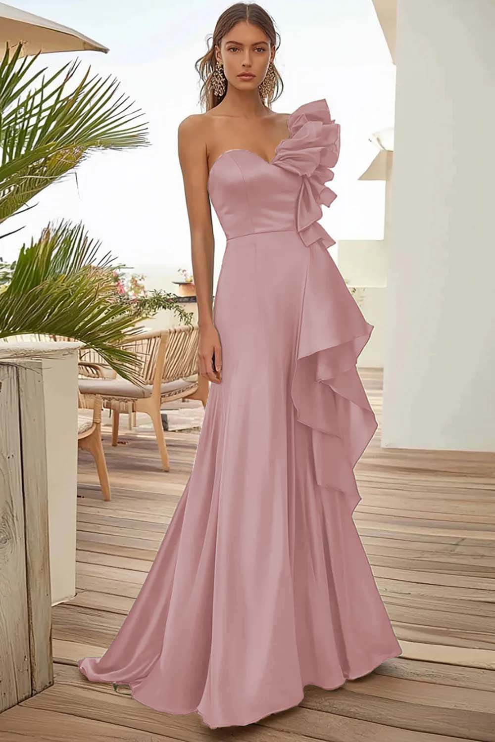 Black Satin One Shoulder A Line Long Formal Dress with Ruffles