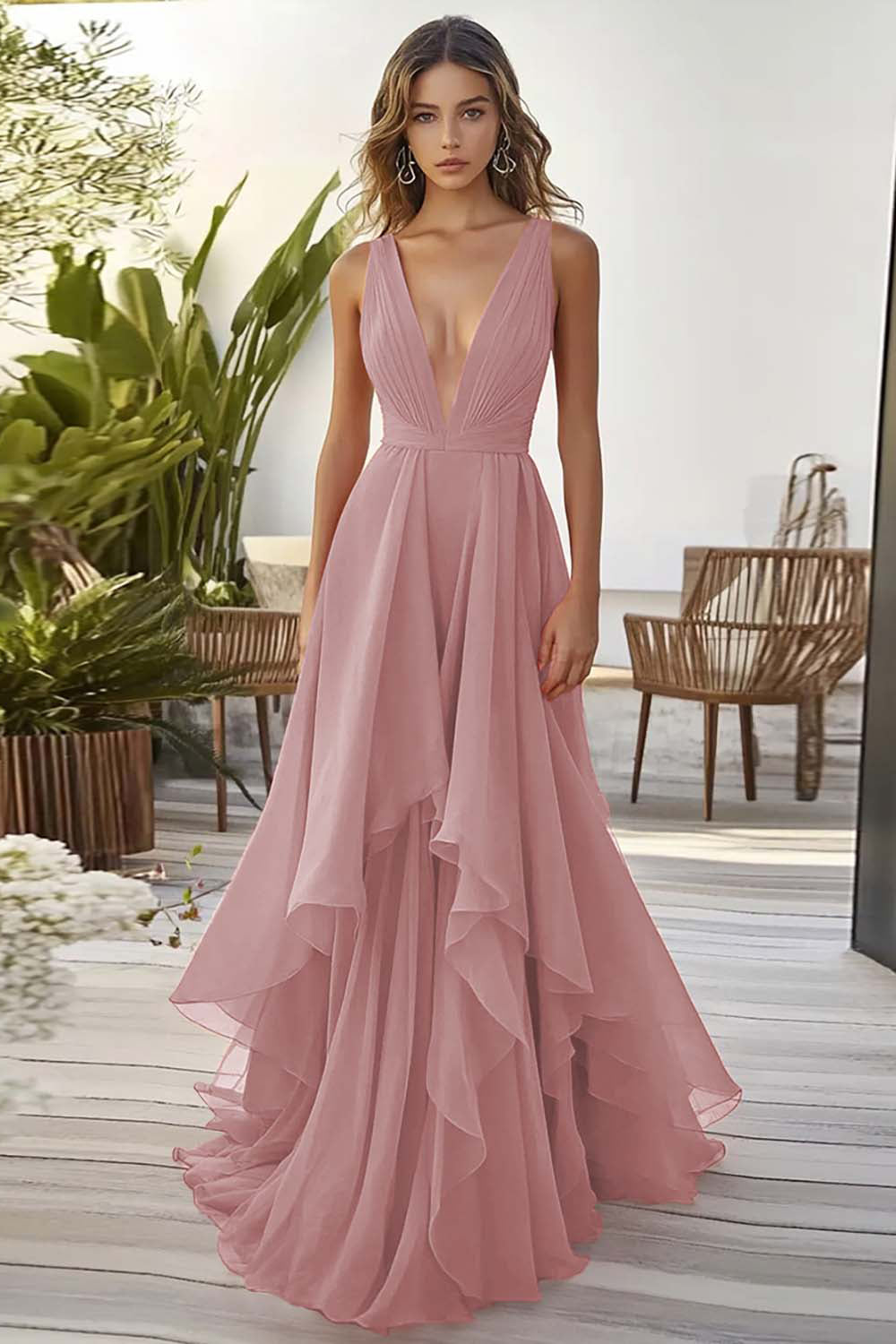 ZAPAKASA Women Dusty Blue Chiffon Long Wedding Guest Dress with Ruffles
