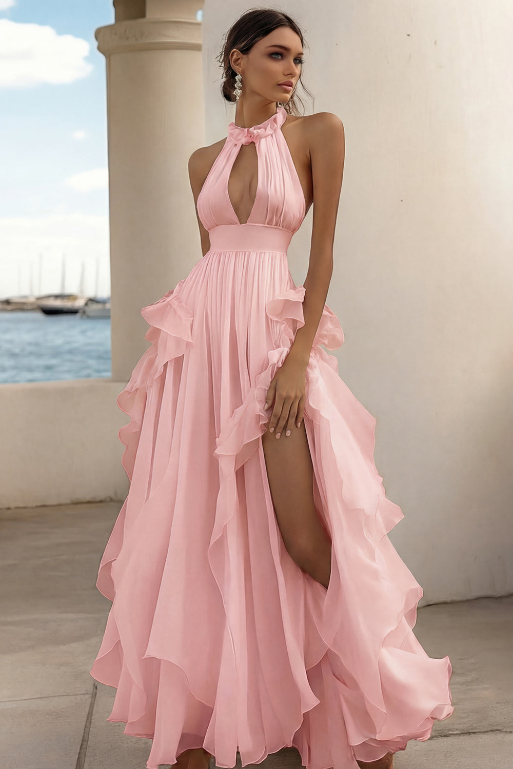 A Line White Ruffled Keyhole Long Rehearsal Dinner Dress with Slit