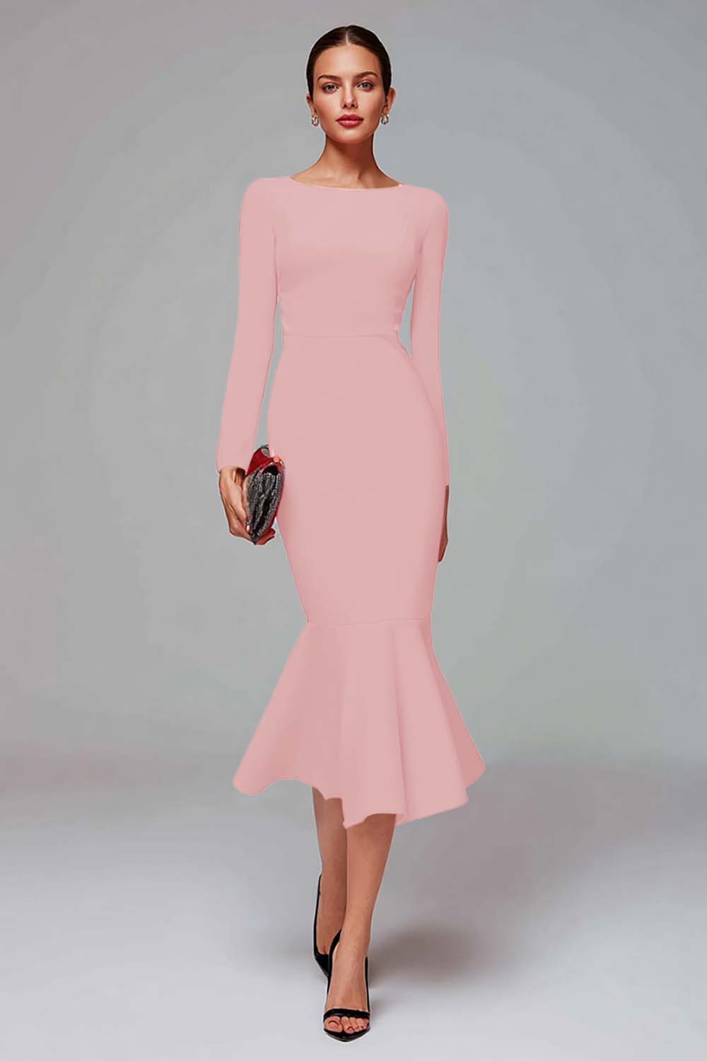 Red Mermaid Long Sleeves Midi Work Dress