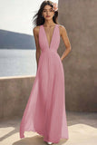 Chiffon Ivory Ruched Deep V-Neck Beach Maxi Engagement Dress