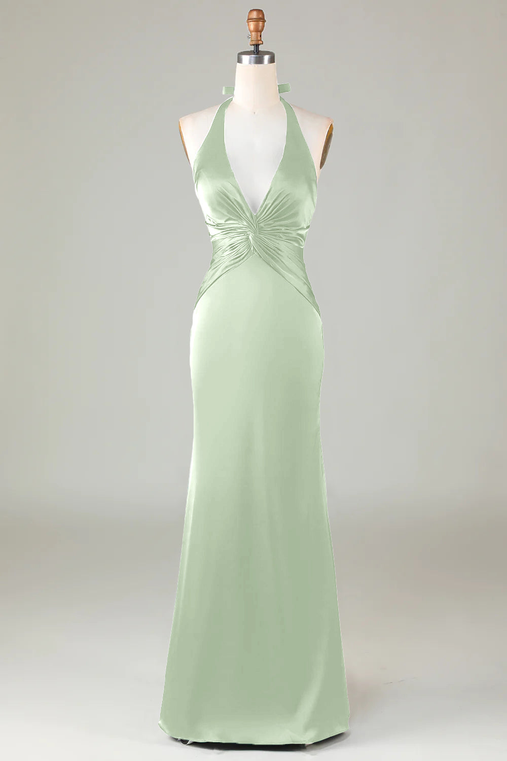 Elegant Dusty Sage Satin Halter Mermaid Bridesmaid Dress Open Back Maxi Prom Dress