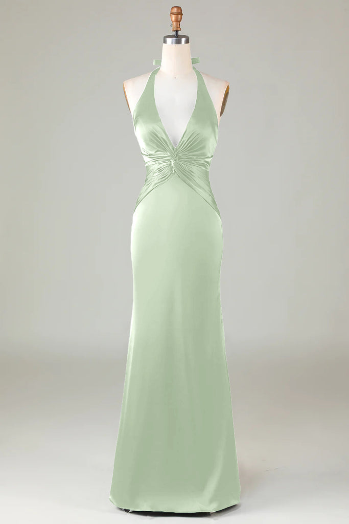 Sky Blue Halter Satin Mermaid Formal Dress with Slit
