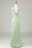 Elegant Dusty Sage Satin Halter Mermaid Bridesmaid Dress Open Back Maxi Prom Dress