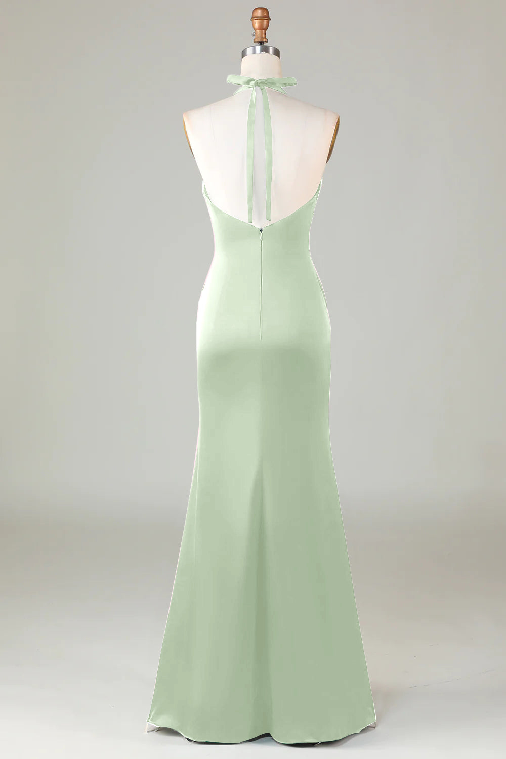 Taupe Sheath Halter Satin Long Bridesmaid Dress