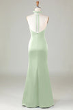 Taupe Sheath Halter Satin Long Bridesmaid Dress