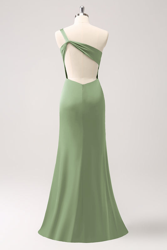 Dusty Sage One Shoulder Mermaid Satin Long Bridesmaid Dress