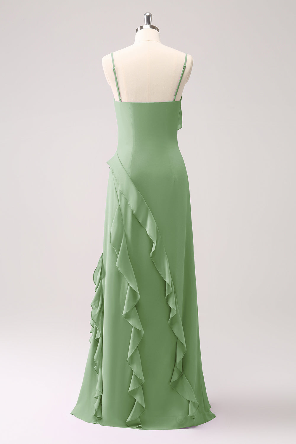Tahiti Spaghetti Straps Chiffon Ruffled Long Bridesmaid Dress with Slit