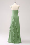 Tahiti Spaghetti Straps Chiffon Ruffled Long Bridesmaid Dress with Slit