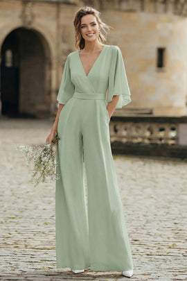 Ivory V-Neck Half Sleeves Long Wedding Jumpsuits with Pockets