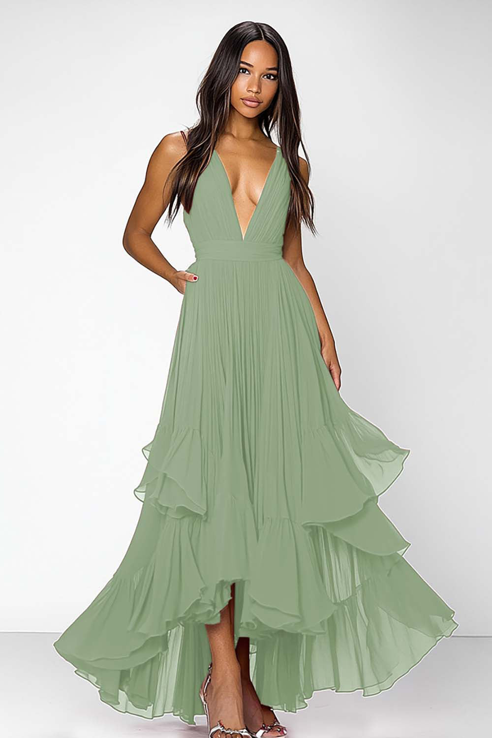 ZAPAKASA Women Dusty Blue Chiffon Long Formal Dress with Ruffles A Line Deep V-Neck Asymmetrical Party Dress ZAPAKASA Women Dusty Blue Chiffon Long Formal Dress with Ruffles A Line Deep V-Neck Asymmetrical Party Dress