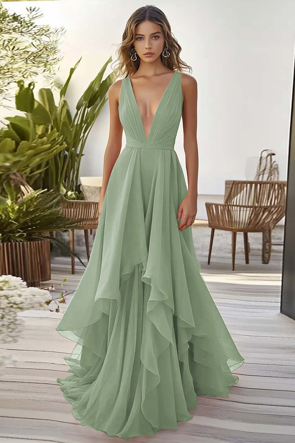 ZAPAKASA Women Dusty Blue Chiffon Long Wedding Guest Dress with Ruffles Deep V-Neck A Line Sleeveless Prom Dress ZAPAKASA Women Dusty Blue Chiffon Long Wedding Guest Dress with Ruffles Deep V-Neck A Line Sleeveless Prom Dress