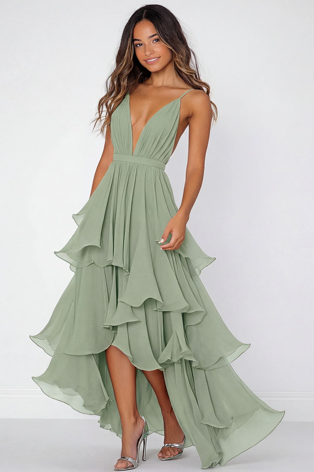Long Asymmetrical Ruffles ZAPAKASA Women Red Tiered Long Formal Dress with Ruffles Chiffon Deep V ...