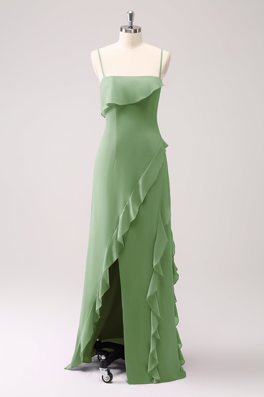 Tahiti Spaghetti Straps Chiffon Ruffled Long Bridesmaid Dress with Slit