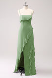 Tahiti Spaghetti Straps Chiffon Ruffled Long Bridesmaid Dress with Slit