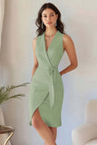 Dusty Sage Satin V-Neck Sleeveless Bodycon Short Work Blazer Dress