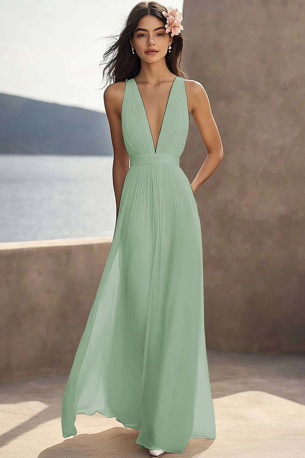 Chiffon Ivory Ruched Deep V-Neck Beach Maxi Engagement Dress