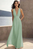 Chiffon Ivory Ruched Deep V-Neck Beach Maxi Engagement Dress