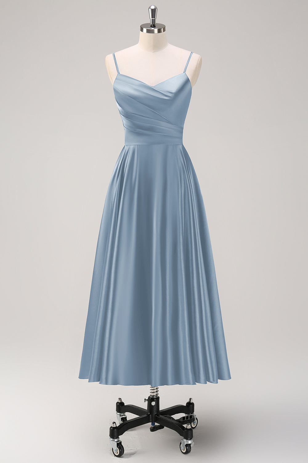 Navy A-Line Ruched Spaghetti Straps Tea Length Bridesmaid Dress