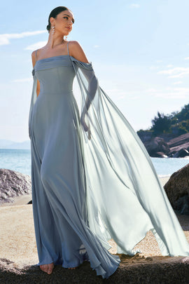 Flowy Dusty Blue Chiffon Bridesmaid Dress with Streamer Cold Shoulder A Line Wedding Guest Dress
