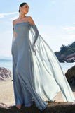 Flowy Dusty Blue Chiffon Bridesmaid Dress with Streamer Cold Shoulder A Line Wedding Guest Dress