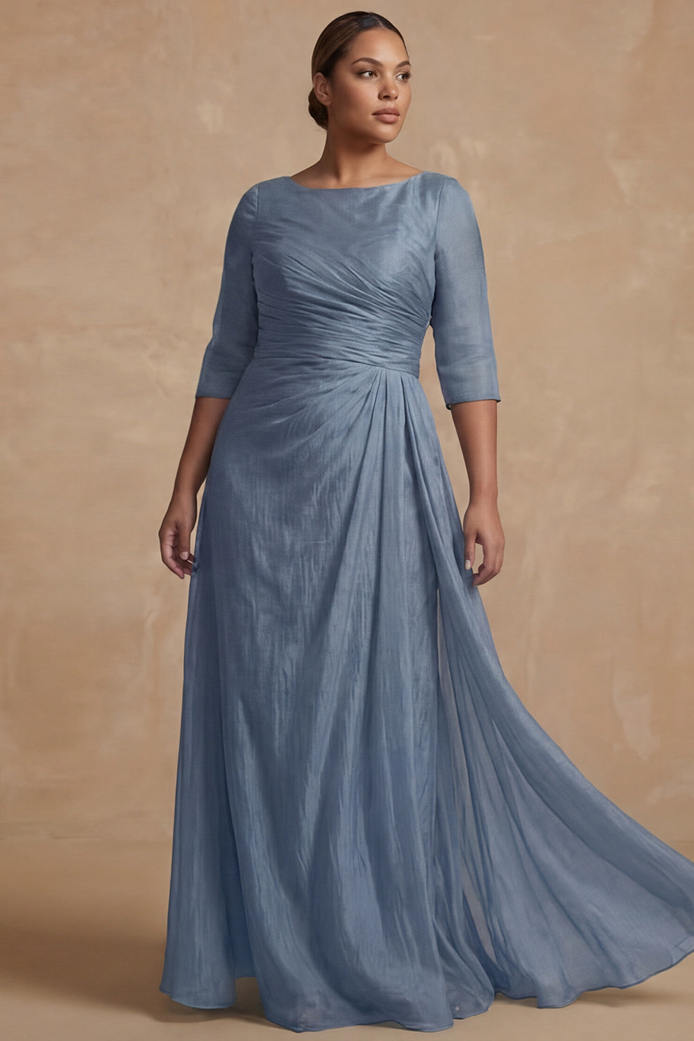 Dusty Sage Bateau Neck A Line Long Mother of the Bride Dress with Sleeves
