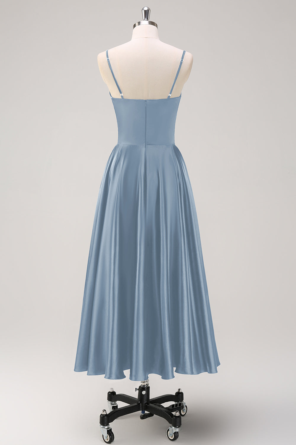 Navy A-Line Ruched Spaghetti Straps Tea Length Bridesmaid Dress