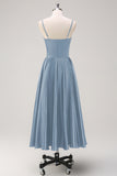 Navy A-Line Ruched Spaghetti Straps Tea Length Bridesmaid Dress