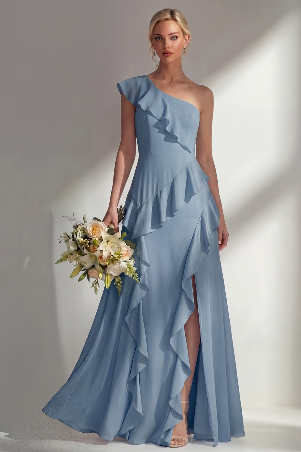 Emerald One shoulder A Line Ruffled Long Beach Bridesmaid Dress with Slit