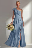 Emerald One shoulder A Line Ruffled Long Beach Bridesmaid Dress with Slit