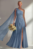 One Shoulder Ruched Burgundy A Line Long Beach Bridesmaid Dress with Side Cape