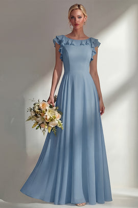 Boat Neck A Line Dusty Blue Long Beach Bridesmaid Dress with Ruffles
