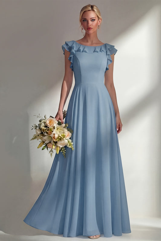 Boat Neck A Line Dusty Blue Long Beach Bridesmaid Dress with Ruffles