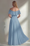 Off the Shoulder A Line Ruffled Sage Green Long Beach Bridesmaid Dress with Slit