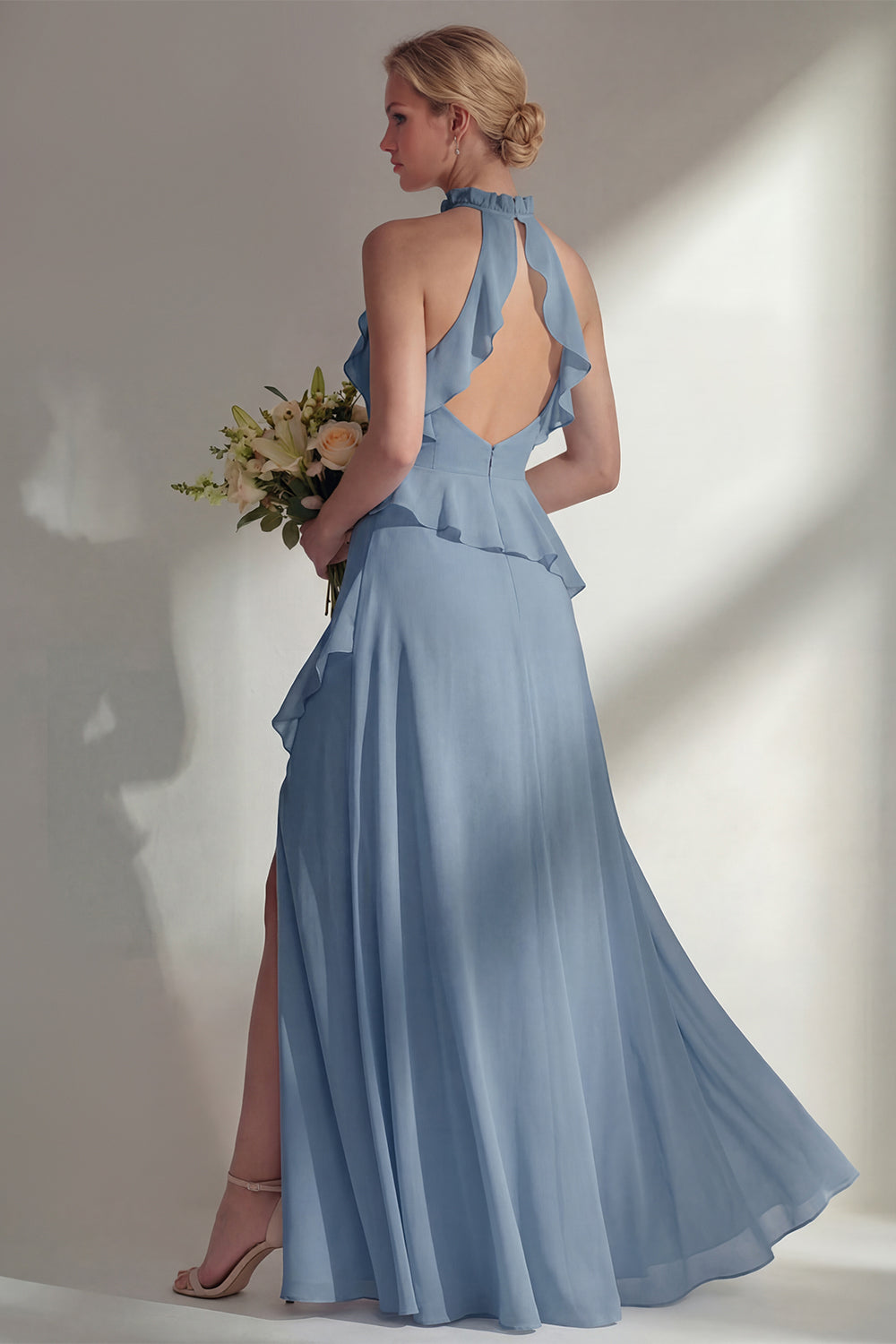 A Line High Neck Ruffled Butter Yellow Long Beach Bridesmaid Dress with Slit
