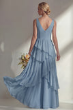 V-Neck A Line Light Pink Long Beach Bridesmaid Dress with Ruffles