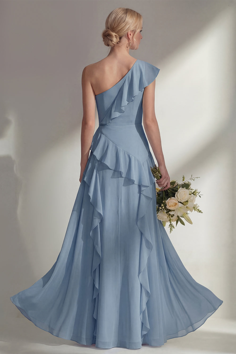Emerald One shoulder A Line Ruffled Long Beach Bridesmaid Dress with Slit