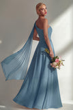 One Shoulder Ruched Burgundy A Line Long Beach Bridesmaid Dress with Side Cape