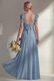 Boat Neck A Line Dusty Blue Long Beach Bridesmaid Dress with Ruffles